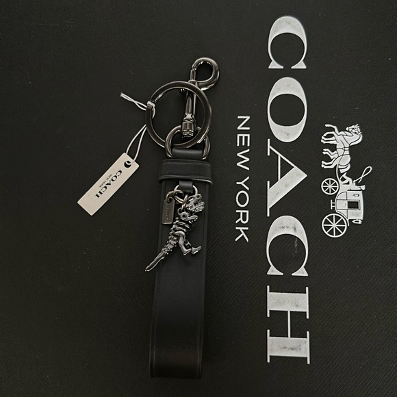 NWT Coach Black Leather Rexy Charm Loop Bag Charm keychain FOB Dinosaur - Picture 1 of 7